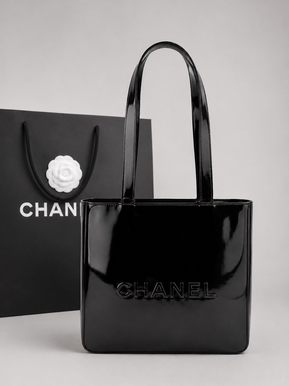Chanel Logo Patent Leather Tote Bag
